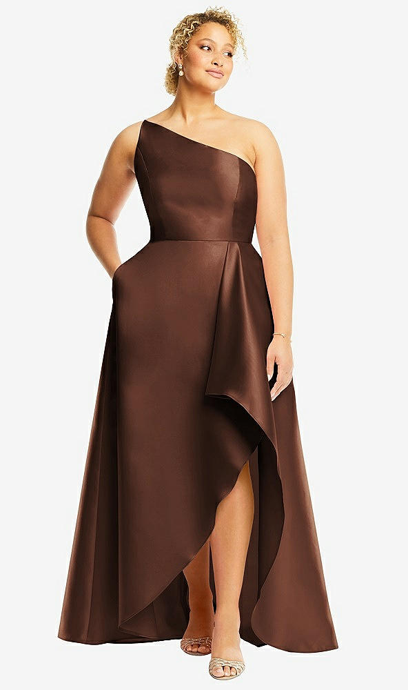 Front View - Cognac One-Shoulder Satin Gown with Draped Front Slit and Pockets