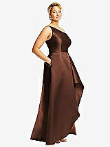 Side View Thumbnail - Cognac One-Shoulder Satin Gown with Draped Front Slit and Pockets