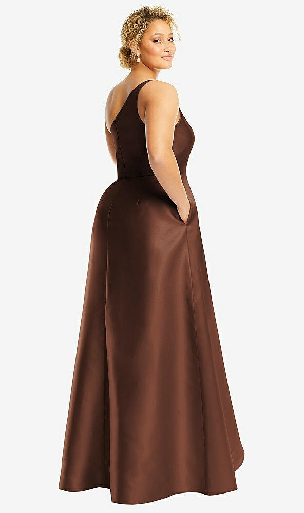Back View - Cognac One-Shoulder Satin Gown with Draped Front Slit and Pockets