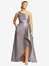 Front View Thumbnail - Cashmere Gray One-Shoulder Satin Gown with Draped Front Slit and Pockets