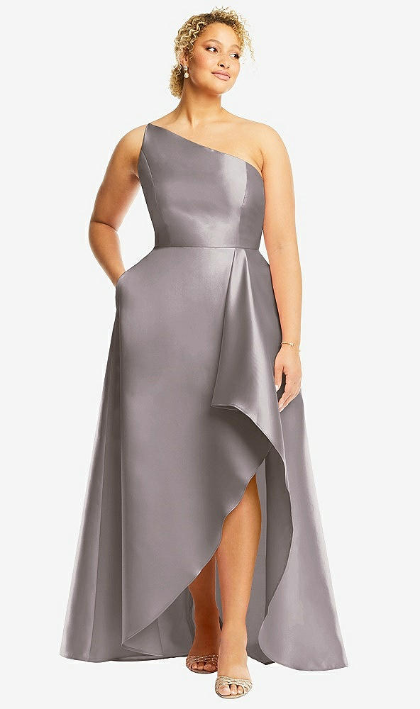 Front View - Cashmere Gray One-Shoulder Satin Gown with Draped Front Slit and Pockets