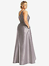 Rear View Thumbnail - Cashmere Gray One-Shoulder Satin Gown with Draped Front Slit and Pockets