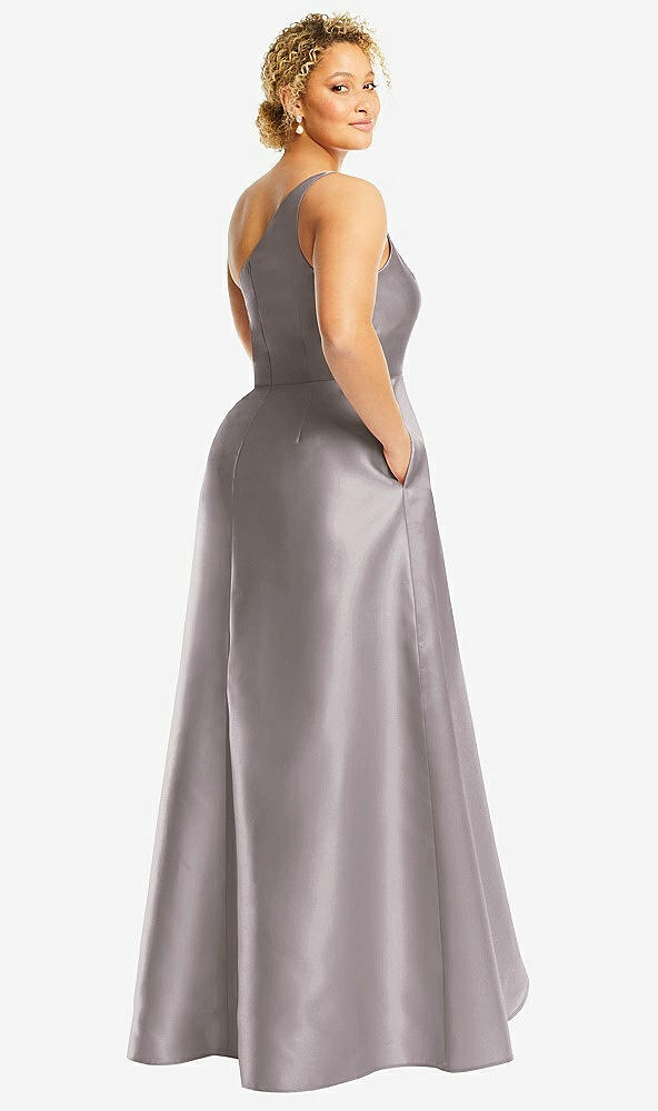 Back View - Cashmere Gray One-Shoulder Satin Gown with Draped Front Slit and Pockets