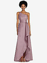 Alt View 1 Thumbnail - Dusty Rose One-Shoulder Satin Gown with Draped Front Slit and Pockets