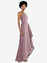 Alt View 2 Thumbnail - Dusty Rose One-Shoulder Satin Gown with Draped Front Slit and Pockets