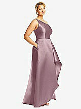 Side View Thumbnail - Dusty Rose One-Shoulder Satin Gown with Draped Front Slit and Pockets
