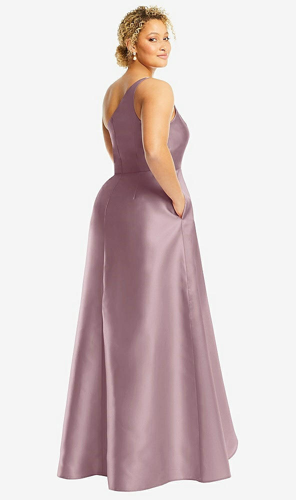 Back View - Dusty Rose One-Shoulder Satin Gown with Draped Front Slit and Pockets