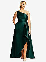 Front View Thumbnail - Evergreen One-Shoulder Satin Gown with Draped Front Slit and Pockets