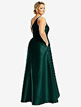 Rear View Thumbnail - Evergreen One-Shoulder Satin Gown with Draped Front Slit and Pockets
