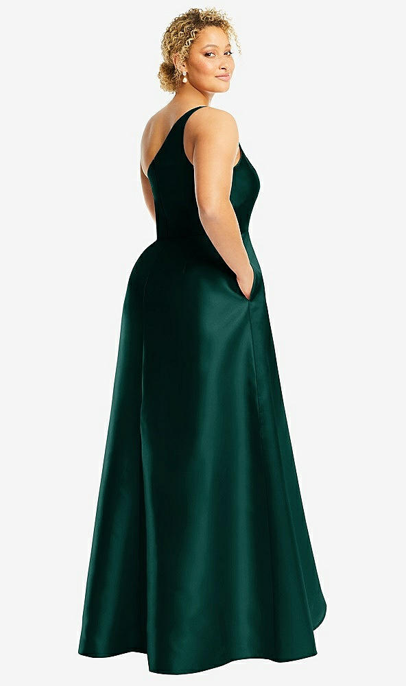Back View - Evergreen One-Shoulder Satin Gown with Draped Front Slit and Pockets