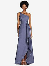 Alt View 1 Thumbnail - French Blue One-Shoulder Satin Gown with Draped Front Slit and Pockets
