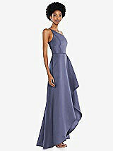 Alt View 2 Thumbnail - French Blue One-Shoulder Satin Gown with Draped Front Slit and Pockets