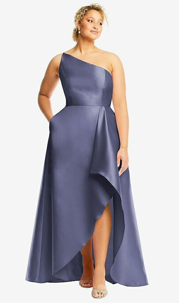 Front View - French Blue One-Shoulder Satin Gown with Draped Front Slit and Pockets