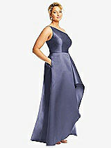 Side View Thumbnail - French Blue One-Shoulder Satin Gown with Draped Front Slit and Pockets