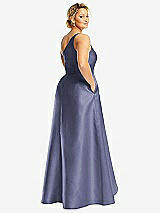Rear View Thumbnail - French Blue One-Shoulder Satin Gown with Draped Front Slit and Pockets