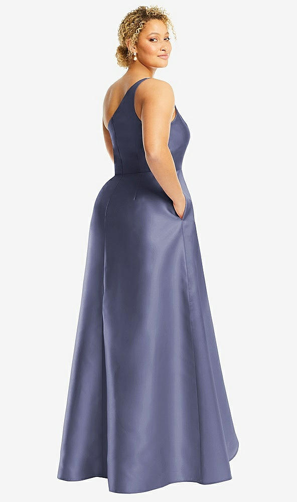 Back View - French Blue One-Shoulder Satin Gown with Draped Front Slit and Pockets