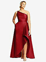 Front View Thumbnail - Garnet One-Shoulder Satin Gown with Draped Front Slit and Pockets