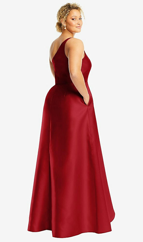 Back View - Garnet One-Shoulder Satin Gown with Draped Front Slit and Pockets