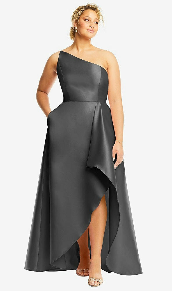Front View - Gunmetal One-Shoulder Satin Gown with Draped Front Slit and Pockets