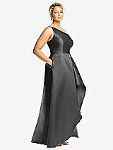 Side View Thumbnail - Gunmetal One-Shoulder Satin Gown with Draped Front Slit and Pockets