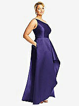 Side View Thumbnail - Grape One-Shoulder Satin Gown with Draped Front Slit and Pockets