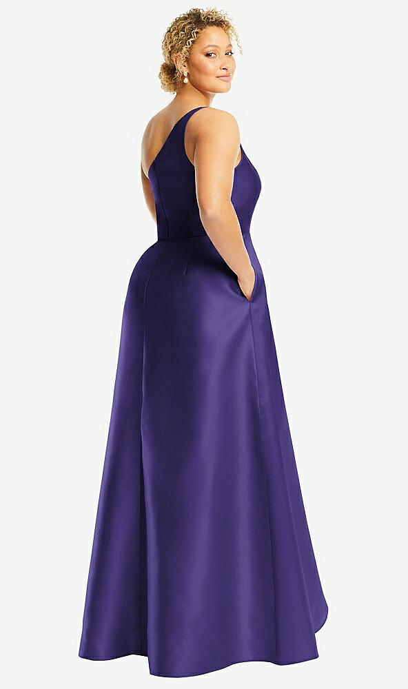 Back View - Grape One-Shoulder Satin Gown with Draped Front Slit and Pockets