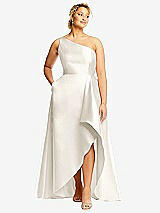 Front View Thumbnail - Ivory One-Shoulder Satin Gown with Draped Front Slit and Pockets