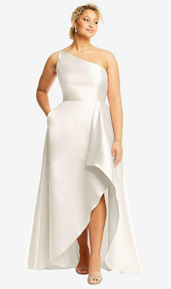 Front View - Ivory One-Shoulder Satin Gown with Draped Front Slit and Pockets