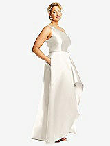 Side View Thumbnail - Ivory One-Shoulder Satin Gown with Draped Front Slit and Pockets
