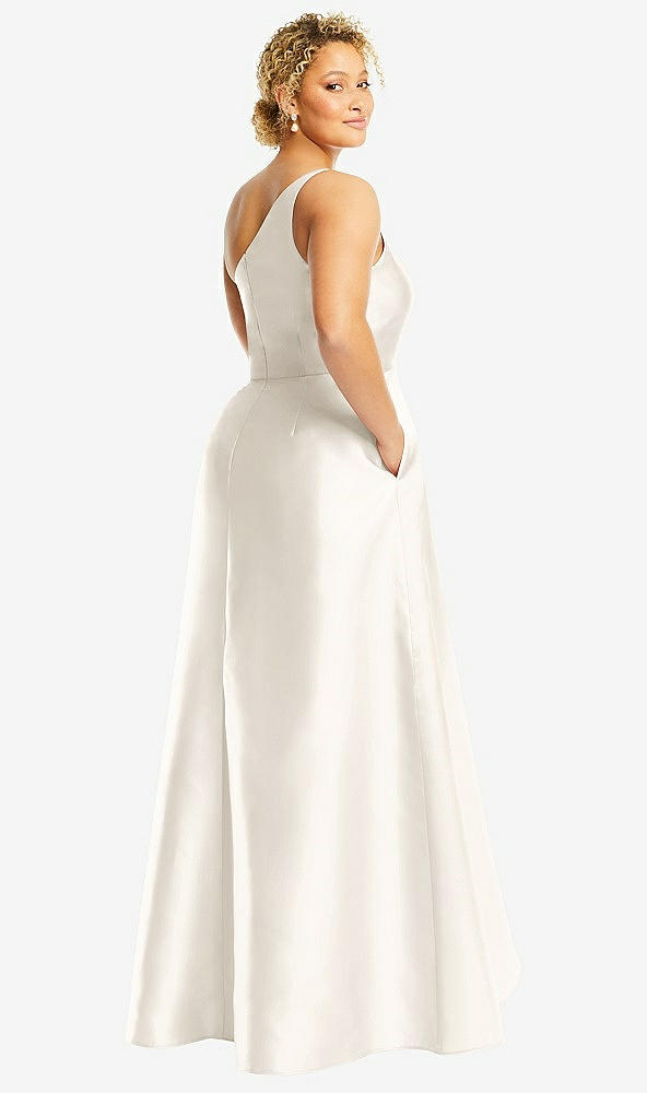 Back View - Ivory One-Shoulder Satin Gown with Draped Front Slit and Pockets