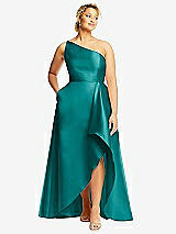 Front View Thumbnail - Jade One-Shoulder Satin Gown with Draped Front Slit and Pockets