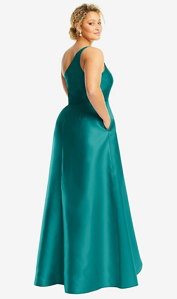 Back View - Jade One-Shoulder Satin Gown with Draped Front Slit and Pockets