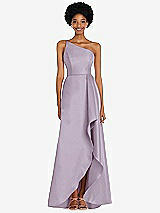 Alt View 1 Thumbnail - Lilac Haze One-Shoulder Satin Gown with Draped Front Slit and Pockets