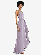 Alt View 2 Thumbnail - Lilac Haze One-Shoulder Satin Gown with Draped Front Slit and Pockets
