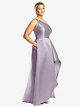 Side View Thumbnail - Lilac Haze One-Shoulder Satin Gown with Draped Front Slit and Pockets