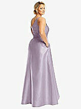Rear View Thumbnail - Lilac Haze One-Shoulder Satin Gown with Draped Front Slit and Pockets