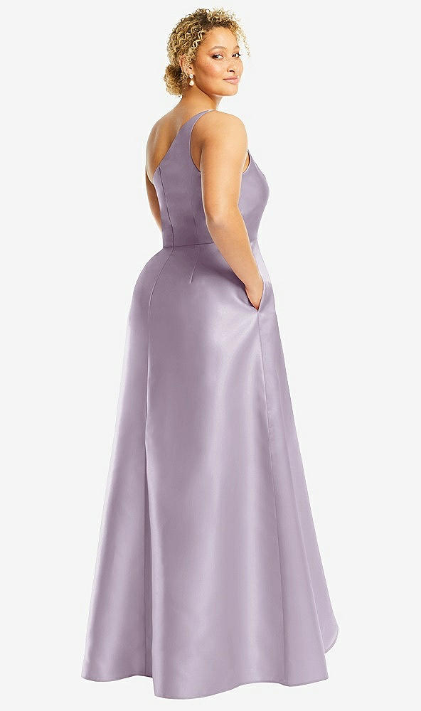 Back View - Lilac Haze One-Shoulder Satin Gown with Draped Front Slit and Pockets