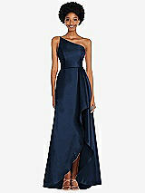Alt View 1 Thumbnail - Midnight Navy One-Shoulder Satin Gown with Draped Front Slit and Pockets