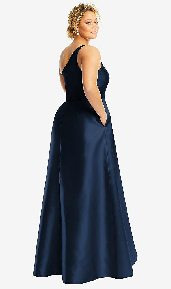 Back View - Midnight Navy One-Shoulder Satin Gown with Draped Front Slit and Pockets