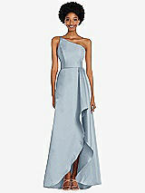 Alt View 1 Thumbnail - Mist One-Shoulder Satin Gown with Draped Front Slit and Pockets