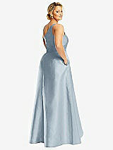 Rear View Thumbnail - Mist One-Shoulder Satin Gown with Draped Front Slit and Pockets