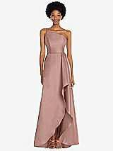 Alt View 1 Thumbnail - Neu Nude One-Shoulder Satin Gown with Draped Front Slit and Pockets