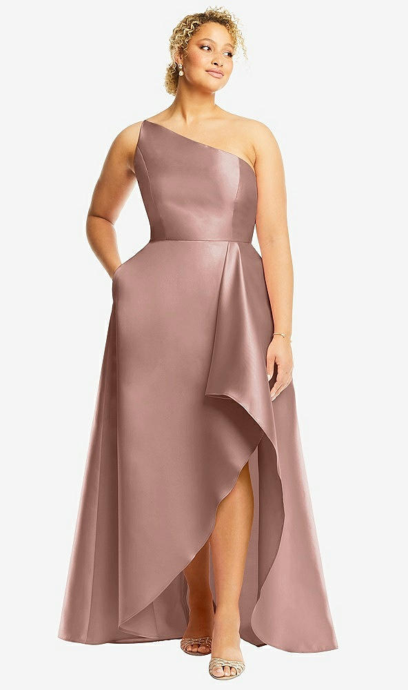 Front View - Neu Nude One-Shoulder Satin Gown with Draped Front Slit and Pockets