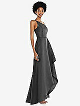 Alt View 2 Thumbnail - Pewter One-Shoulder Satin Gown with Draped Front Slit and Pockets