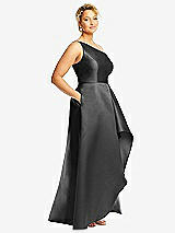 Side View Thumbnail - Pewter One-Shoulder Satin Gown with Draped Front Slit and Pockets
