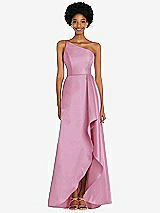 Alt View 1 Thumbnail - Powder Pink One-Shoulder Satin Gown with Draped Front Slit and Pockets