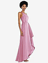 Alt View 2 Thumbnail - Powder Pink One-Shoulder Satin Gown with Draped Front Slit and Pockets