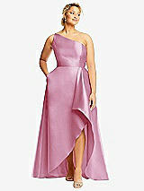 Front View Thumbnail - Powder Pink One-Shoulder Satin Gown with Draped Front Slit and Pockets