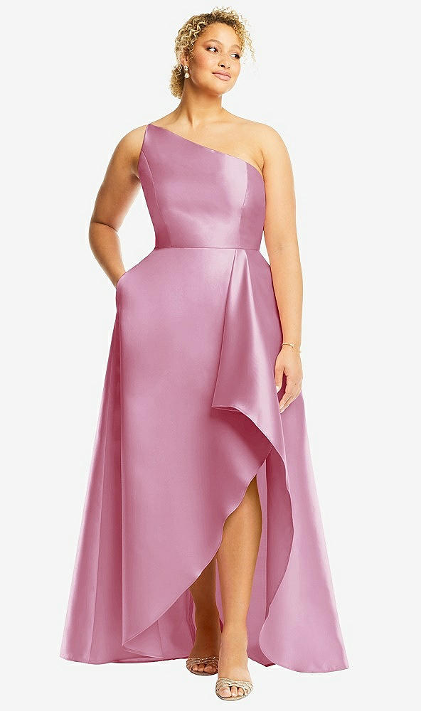 Front View - Powder Pink One-Shoulder Satin Gown with Draped Front Slit and Pockets