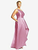 Side View Thumbnail - Powder Pink One-Shoulder Satin Gown with Draped Front Slit and Pockets